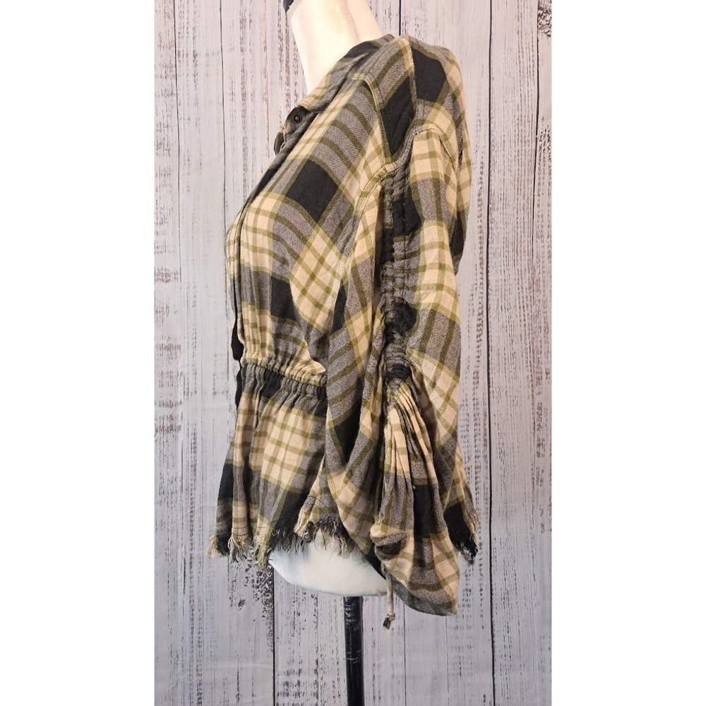 WE THE FREE S Pacific Dawn Drawstring Top Black Plaid Ruched Sleeve Raw Hem Snap - Picture 4 of 9